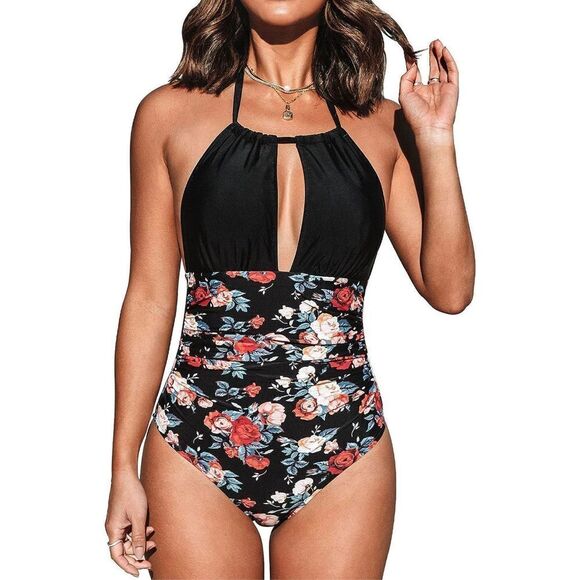 CUPSHE Women's Black Floral Plunging Halter Open Back One Piece Swimsuit - Picture 1 of 11